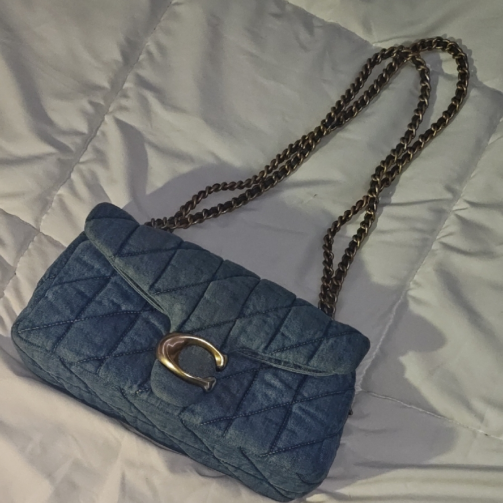 Coach Quilted Denim Shoulder Bag with Gold Chain